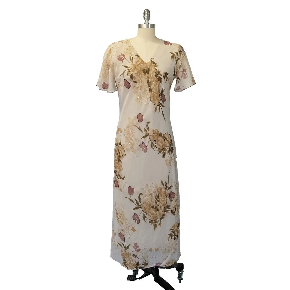 Vintage Y2K Floral Print Bias Cut Maxi Dress Size M Flutter Sleeve Ivory V Neck